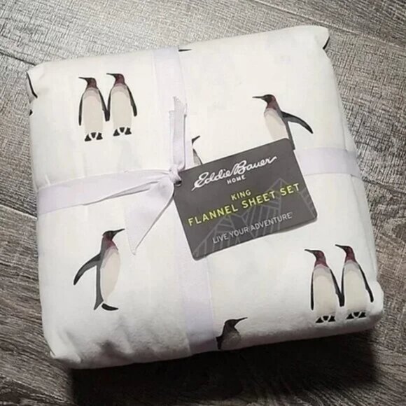 🎉 Eddie Bauer KING penguin flannel sheet set 🎉 - Picture 1 of 4
